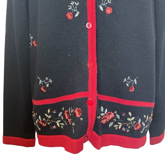 Alfred Dunner Black Red Floral Embroidered Button Front Cardigan Medium Grandma - Picture 3 of 12